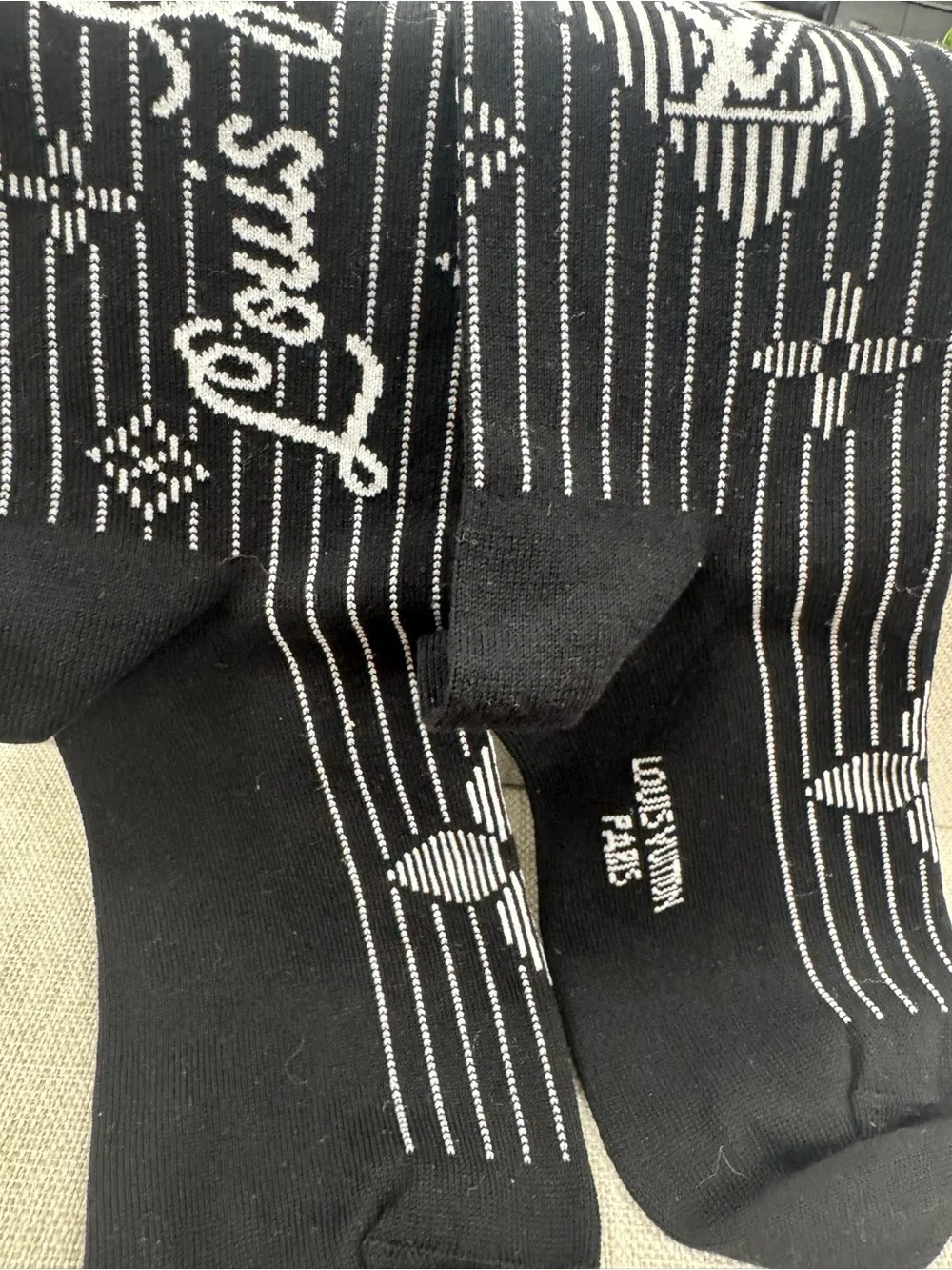 Louis Vuitton Black Crew Socks with White Monogram Stripe